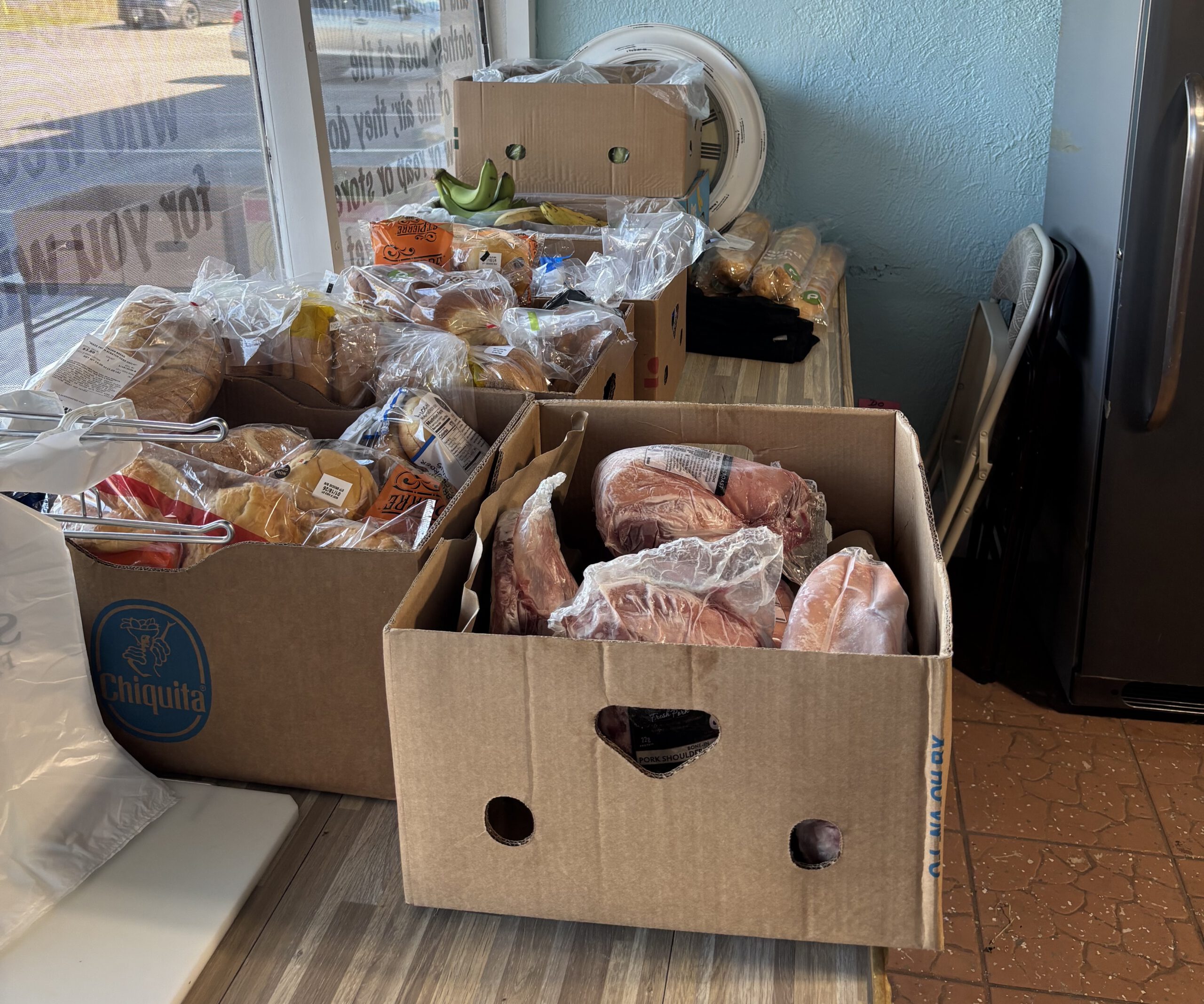 Boxes of food ready for distribution at the food pantry